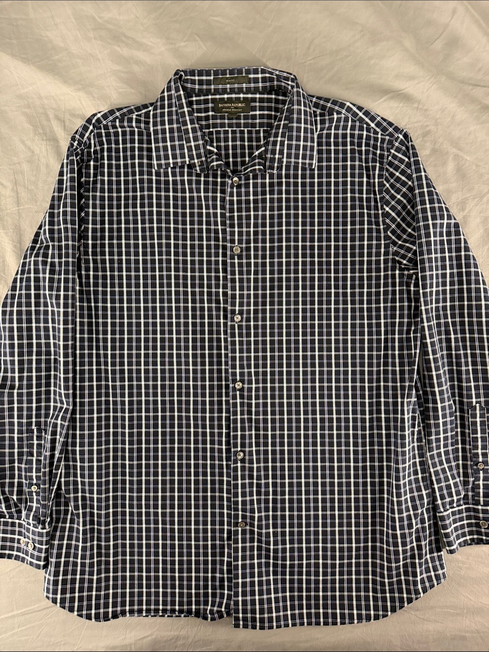 Banana Republic Men's Navy and White Checked Dress Shirt